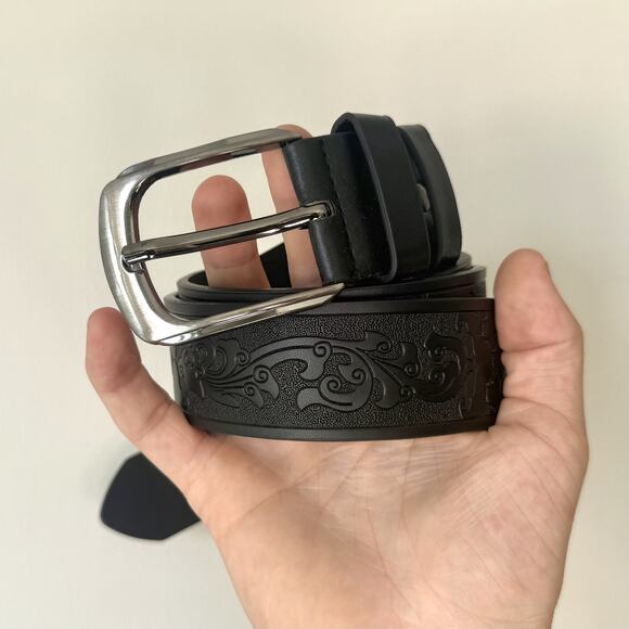 Vintage Black Western Belt – Engraved Simple Design, Unisex, Fits 26–34, New - Picture 2 of 9